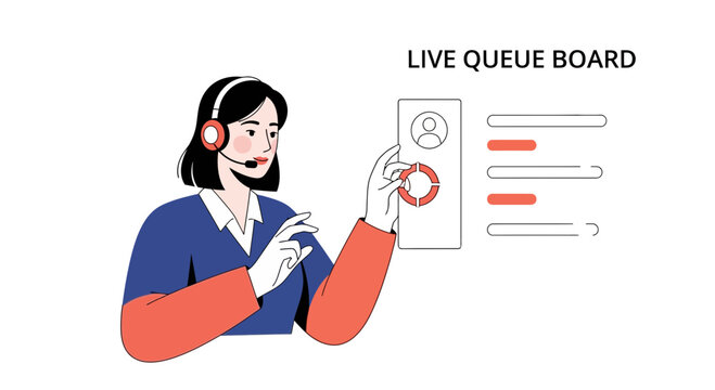 Customer service operator with headset managing live queue board data