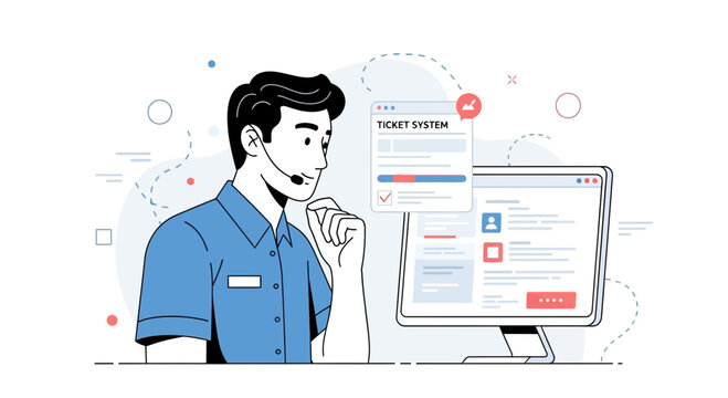 Customer Service Representative Using Ticket System Software on Computer