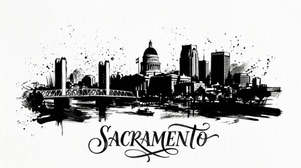Fototapeta premium Sacramento skyline silhouette featuring State Capitol dome and riverfront buildings, artistic black and white ink illustration, elegant lettering below reading 