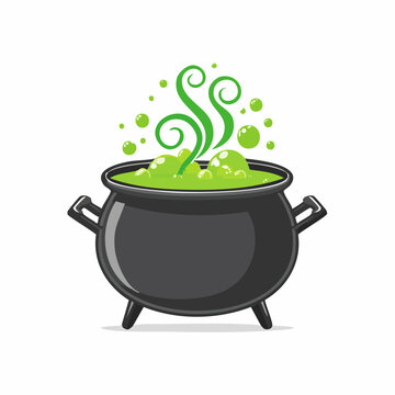Witches Cauldron with Green Bubbling Potion and Swirling Steam
