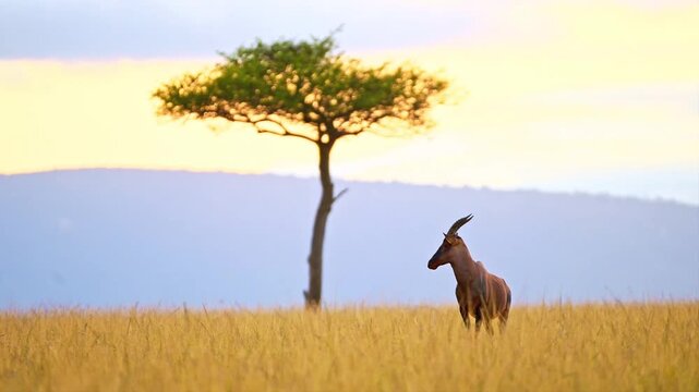 Hartebeest Antelope Standing Under an Acacia Tree in Open Savanna