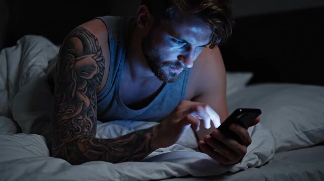Man uses smartphone in bed at night while scrolling on social media