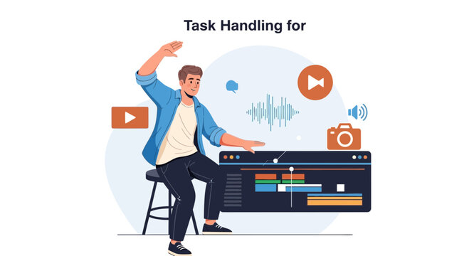 Creative worker managing tasks with video editing software and camera icon