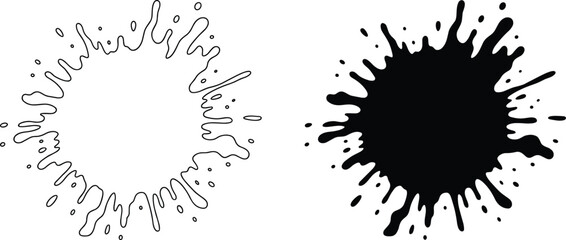 Black and white ink splatter pair showing outline and filled versions representing creativity mess art expression and minimalist contrast design concept © Nurjahan