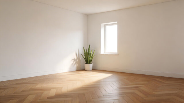 Empty room with plant and window ideal for sleek commercial backgrounds and title sequences