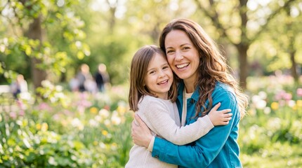 Fototapeta premium Woman embracing young girl in blooming park. Mother and daughter hugging with joyful smiles. Springtime family bonding in nature surrounded by tulips and green trees