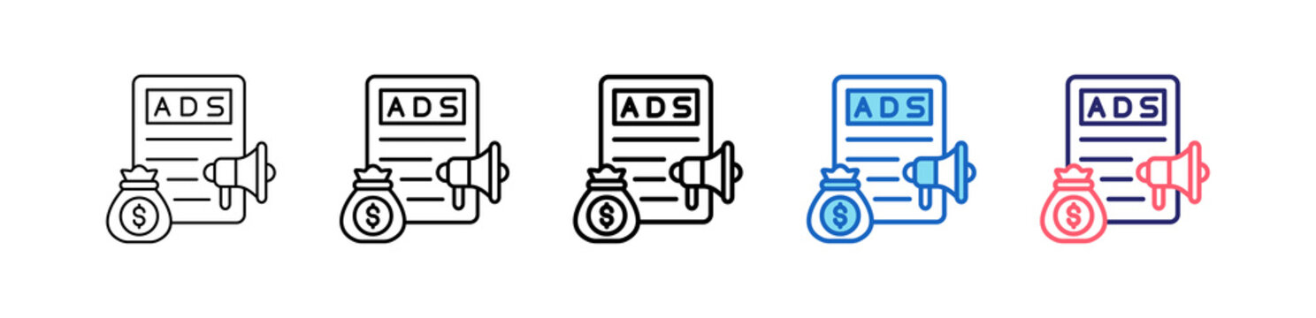 Advertising Budget Icon In 5 Different Styles Set Collection.   