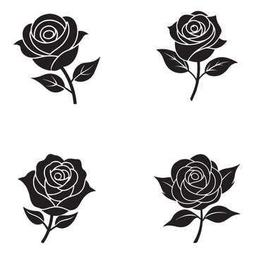 Black and white rose silhouettes with white outlines on white background  four roses  floral icons