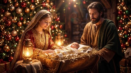 Obraz premium Woman and man adoring newborn baby in wooden manger. Holy nativity scene with glowing lanterns and christmas tree. Religious celebration of jesus birth in stable