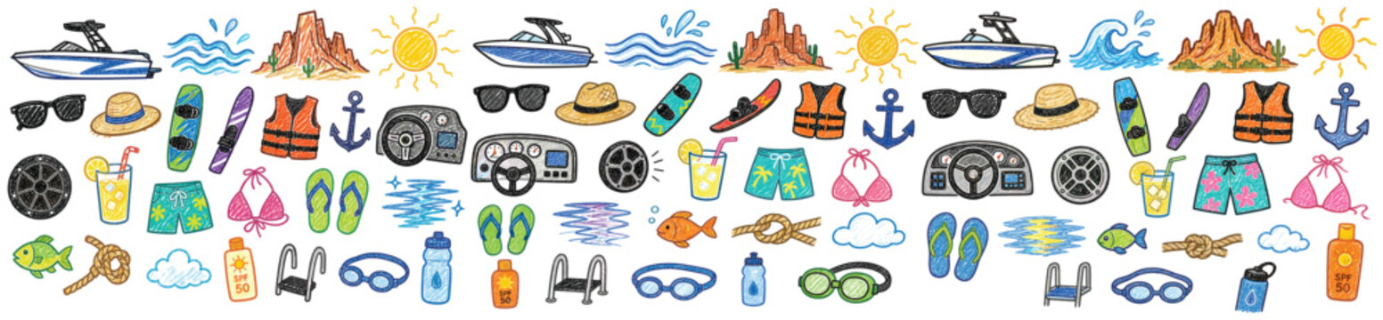 Vibrant collection of hand-drawn summer vacation and outdoor activity icons in a playful crayon style