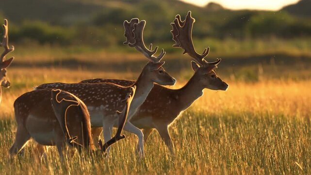Majestic fallow deer stags with large antlers in golden sunset light
