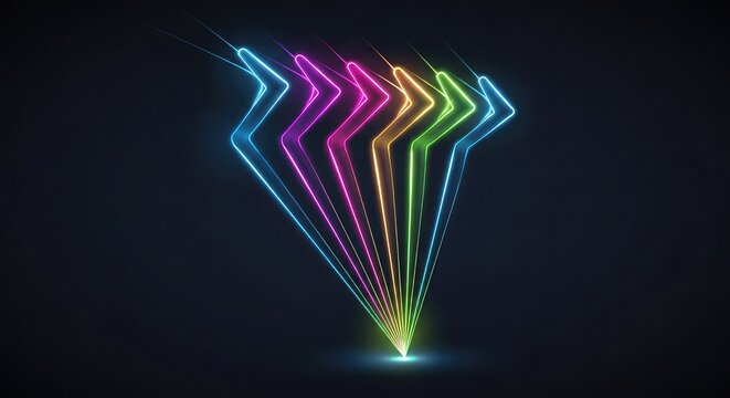 Glowing multicolored arrows radiate from a single point against a dark background symbolizing opportunity and attraction in a vibrant futuristic illustration