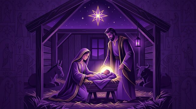 Woman and man adoring newborn baby in wooden stable. Christmas religious illustration depicting birth of jesus for holiday greetings