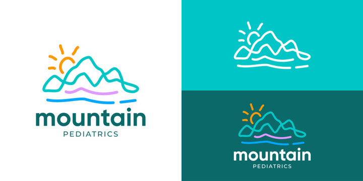 Creative simple mountain pediatrics logo template. Abstract line mountain kids adventure camp symbol, health care logo design vector illustration.