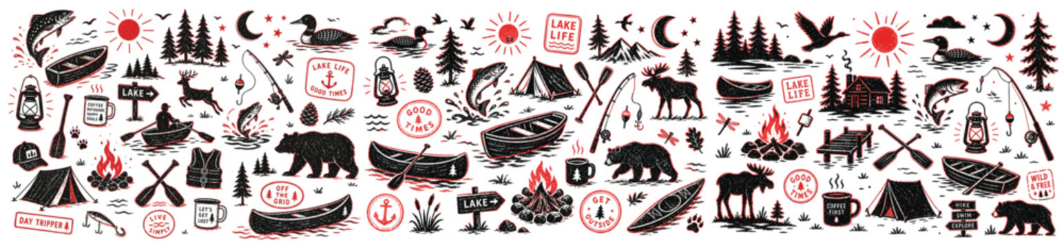Rustic outdoor adventure pattern features various camping, fishing, and wildlife elements in a hand-drawn, distressed style