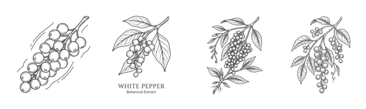 White pepper botanical engraving collection featuring hand drawn peppercorn branches and vintage spice illustrations for gourmet packaging and herbal branding