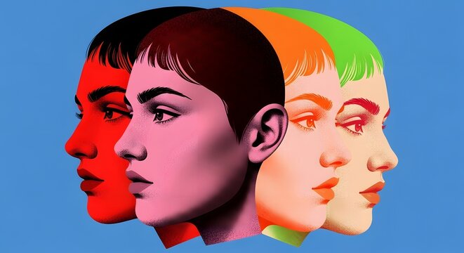 Four colorful female profiles in a row against a blue background. Concept of diversity and identity. Women with short hair in vibrant red, pink, orange, and green shades looking aside