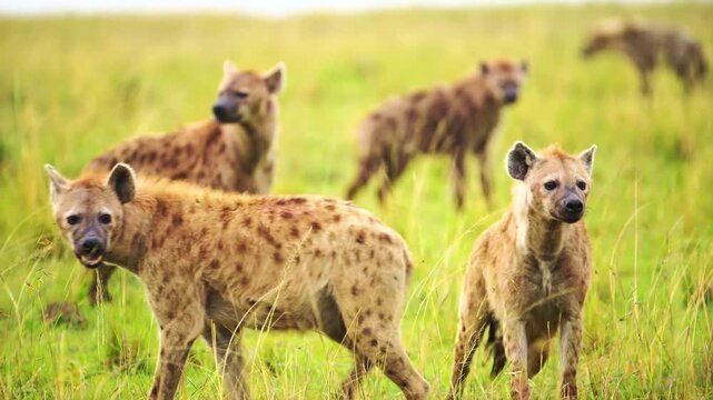 Group of spotted hyenas resting and socialising in open grassland