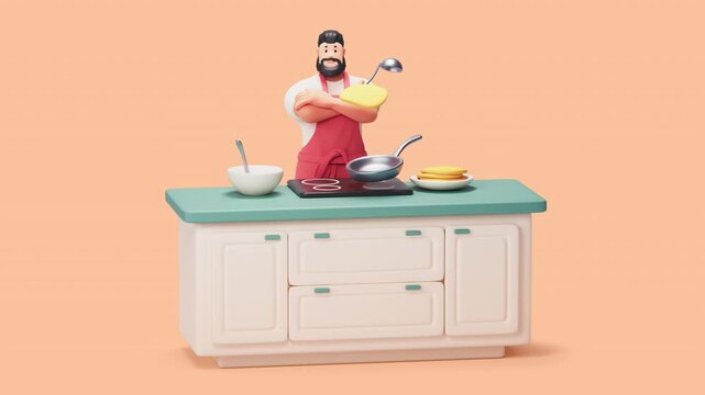 3D seamless loop. Stylized muscular chef in a red apron stands by a kitchen island, nodding. Above an induction hob, a floating pan flips a pancake. A spoon stirs batter. Orange background.