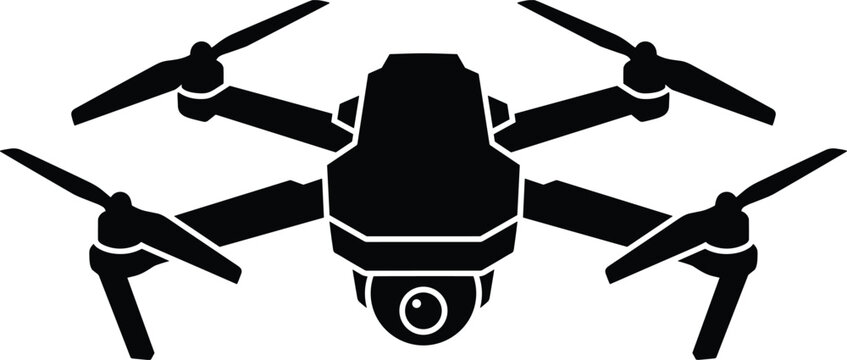 Silhouette of modern quadcopter drone with camera and four propellers representing aerial technology photography surveillance and innovation in minimalist design concept