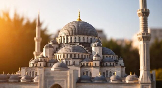 Detailed mosque miniature glowing in warm golden hour light at an outdoor park with bokeh focus.