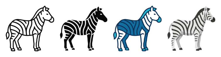 Obraz premium Four stylized zebra illustrations in different styles, including outline, solid black, blue, and classic striped, standing