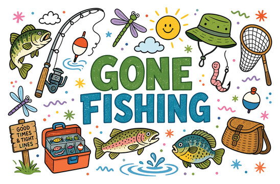 Colorful collection of fishing themed doodle illustrations and text "Gone Fishing"