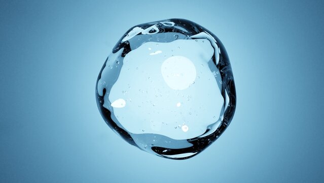 青い背景に浮かぶ透明な水滴の3Dオブジェクト 抽象的な液体のグラフィック / Transparent water drop 3D object on blue background, abstract liquid graphic