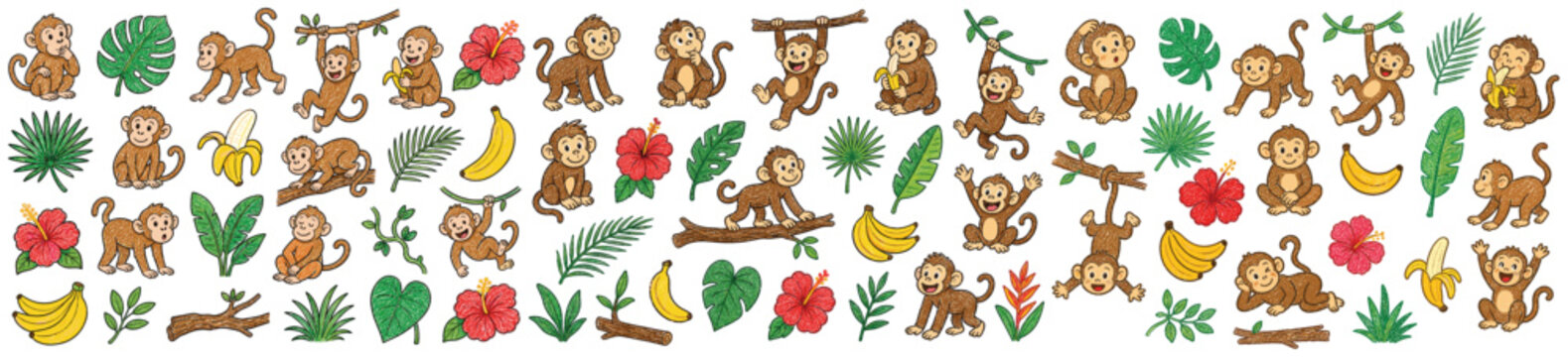 Cute cartoon monkeys and tropical elements in various poses and expressions