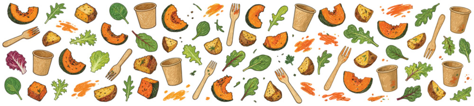 Hand-drawn style pattern of various healthy food elements including pumpkin, croutons, and fresh greens
