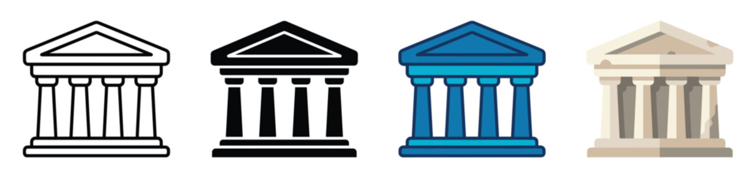 Four distinct graphic icons representing classical temple or bank buildings with columns and pediments