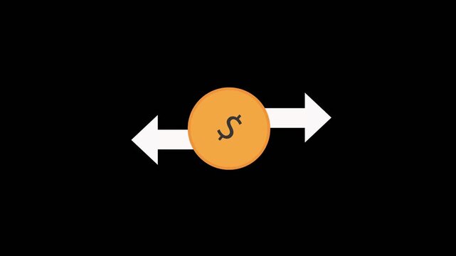 Minimal vector icon of a central orange circle with S-shaped symbol and white arrows pointing left and right on black background, representing bidirectional exchange or transfer.
