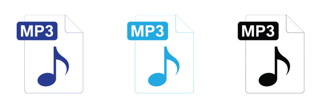 MP3 File Icon with Musical Note. MP3 file icons in blue black and white colors Vector illustration. Music File Document Icon Set &ndash; Audio Media Vector Illustration