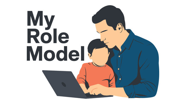 Father and child working together on laptop showing role model behavior