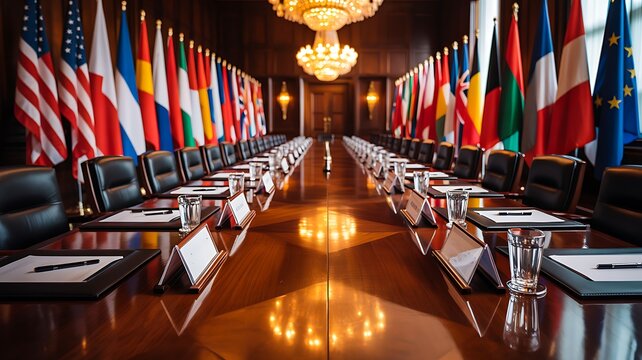 International conference meeting room with global flags and diplomatic atmosphere