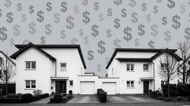 Black and White Suburban Houses with Dollar Sign Pattern Overlay Concept