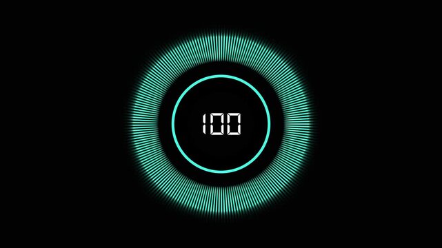 Futuristic neon cyan circular hud gauge on black background with digital number 100 in center, glowing radial equalizer ring, modern tech interface for progress, loading or battery indicator