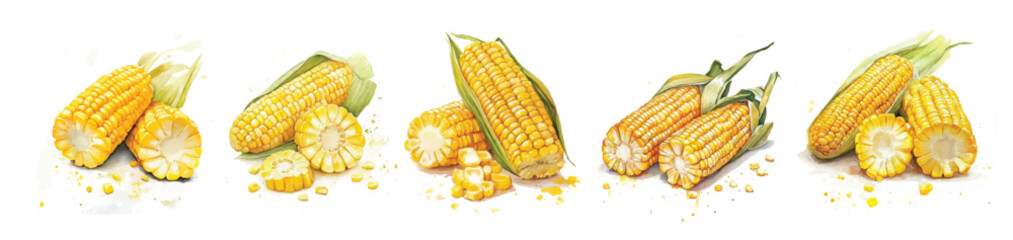 Simple, beautiful design, sliced corn set painting design. Hand-painted style, vectorized, vector set available in EPS Simple Hand-painted watercolor style.  © Zizak