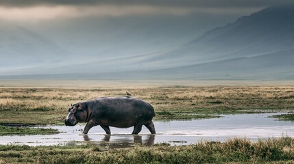 Naklejka premium Hippo walks through the wet savanna with a bird on its back. Ngorongoro Crater, Tanzania.