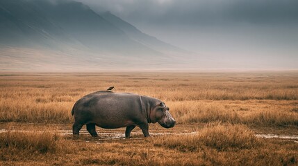 Obraz premium Hippo walks through the wet savanna with a bird on its back. Ngorongoro Crater, Tanzania.