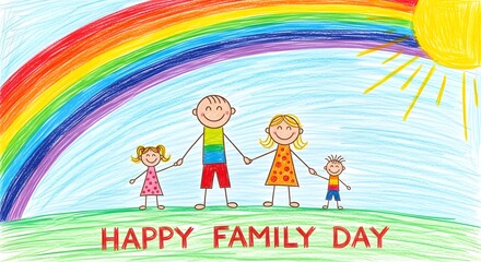 Fototapeta premium Happy family day child's drawing of family with rainbow and sun