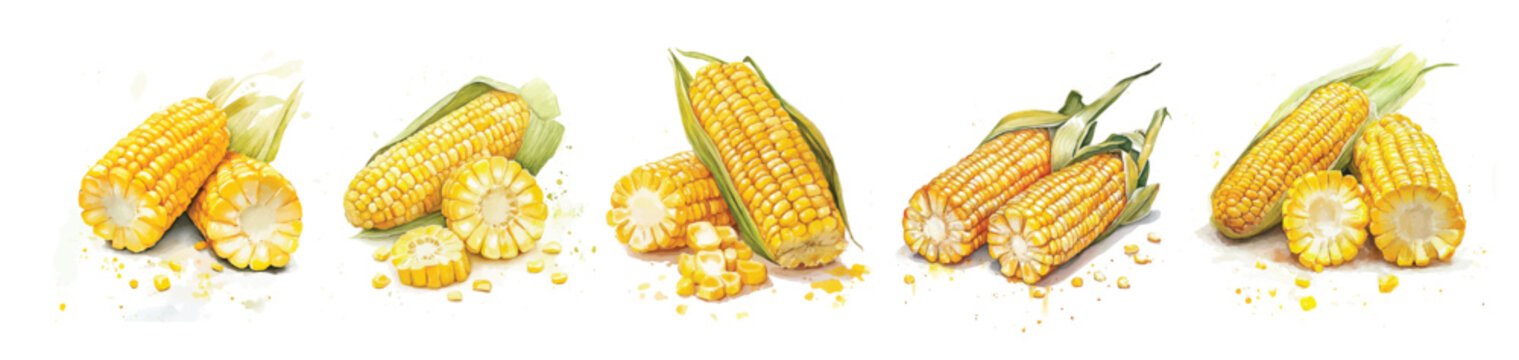 Simple, beautiful design, sliced corn set painting design. Hand-painted style, vectorized, vector set available in EPS Simple Hand-painted watercolor style. 