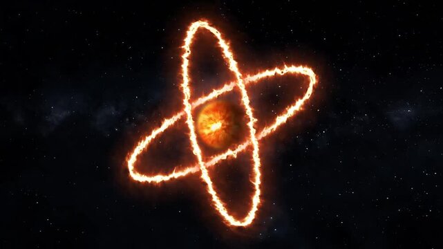 Fiery glowing atomic symbol with blazing electron orbits around a bright nucleus, floating in deep space with stars; dramatic sci-fi energy and science concept background.