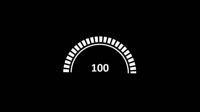 Minimal black background with white semicircle gauge icon and segmented ticks, showing the number 100 in the center, representing full level or complete status.