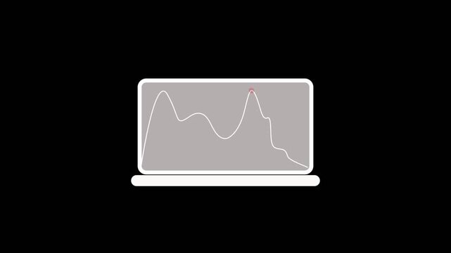 Minimal flat illustration of a laptop screen showing a wavy line chart on dark background, suggesting analytics, performance monitoring, or stock market trend.