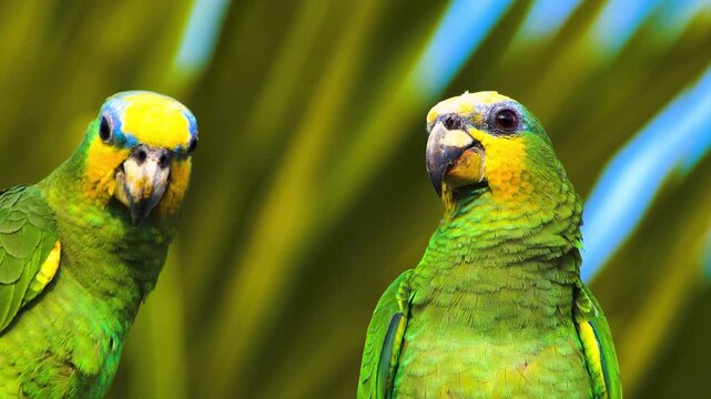 Close-up portrait of a vibrant green parrot in a tropical jungle setting