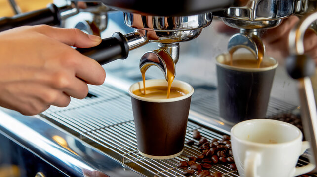A person pours espresso into two dark cups from a shiny machine with coffee beans scattered around on a countertop with a white mug