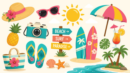 Fototapeta premium Colorful beach vacation icons set featuring summer accessories and tropical activities
