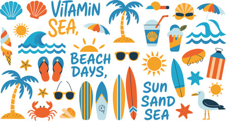 Obraz premium Colorful beach vacation illustration featuring vitamin sea and sun sand sea elements