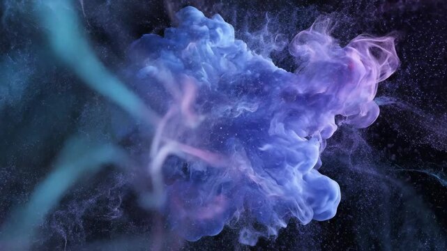 Vibrant purple and blue nebulous gas swirls and dissipates in dark cosmic expanses, creating an ethereal, otherworldly atmosphere of cosmic dust and luminous particles that evoke wonder